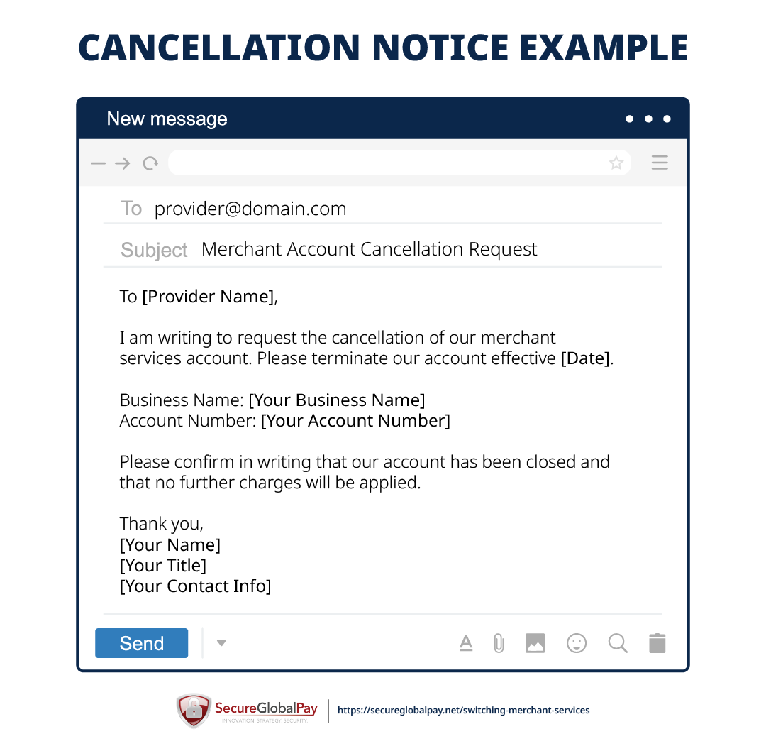 An example of a merchant services cancellation request notice.