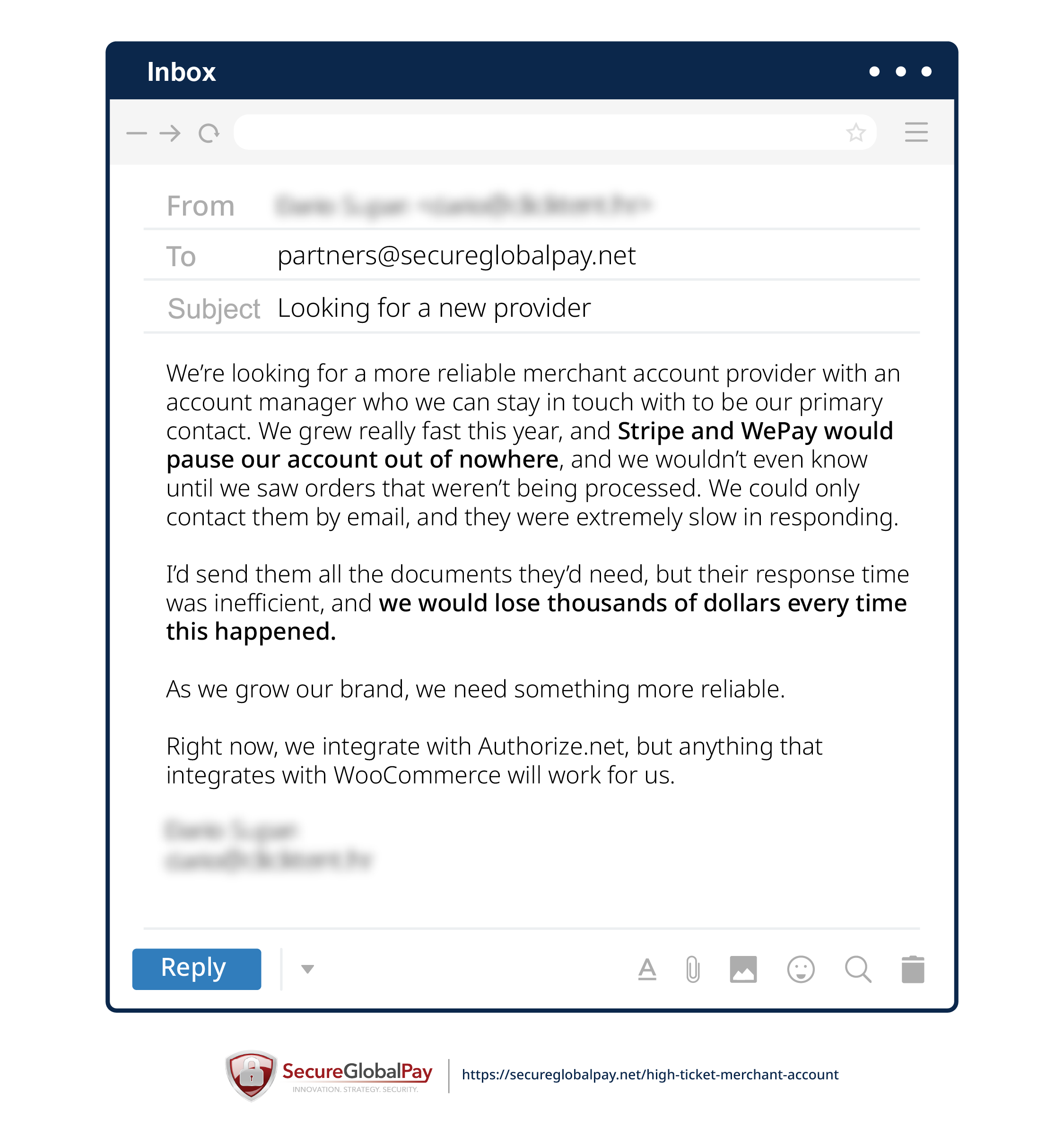 An example of an email from an entrepreneur who is looking for a high-volume merchant account.