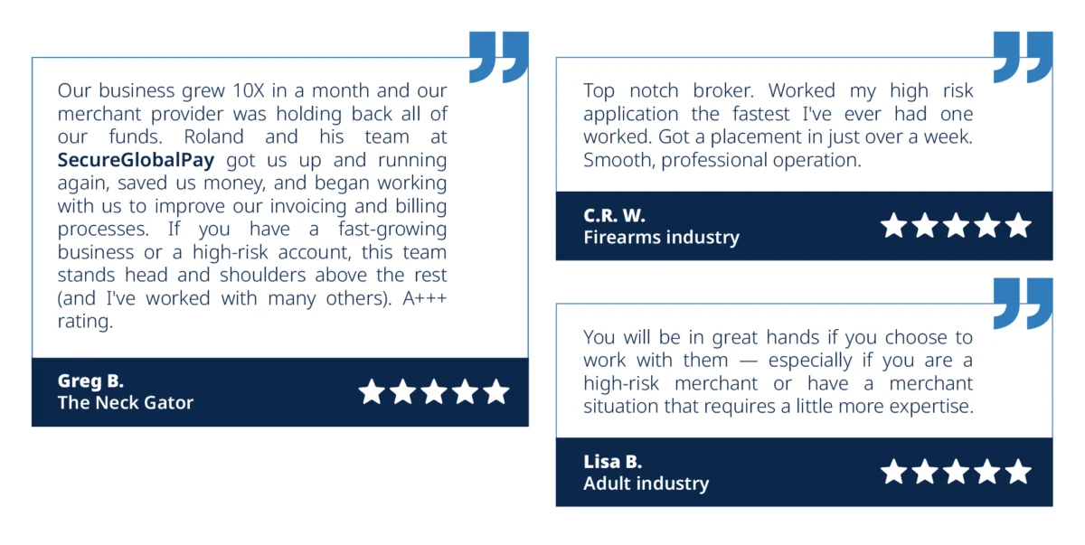 SecureGlobalPay testimonials from high-risk merchants.