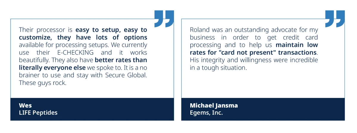 SecureGlobalPay testimonial from the peptides industry.