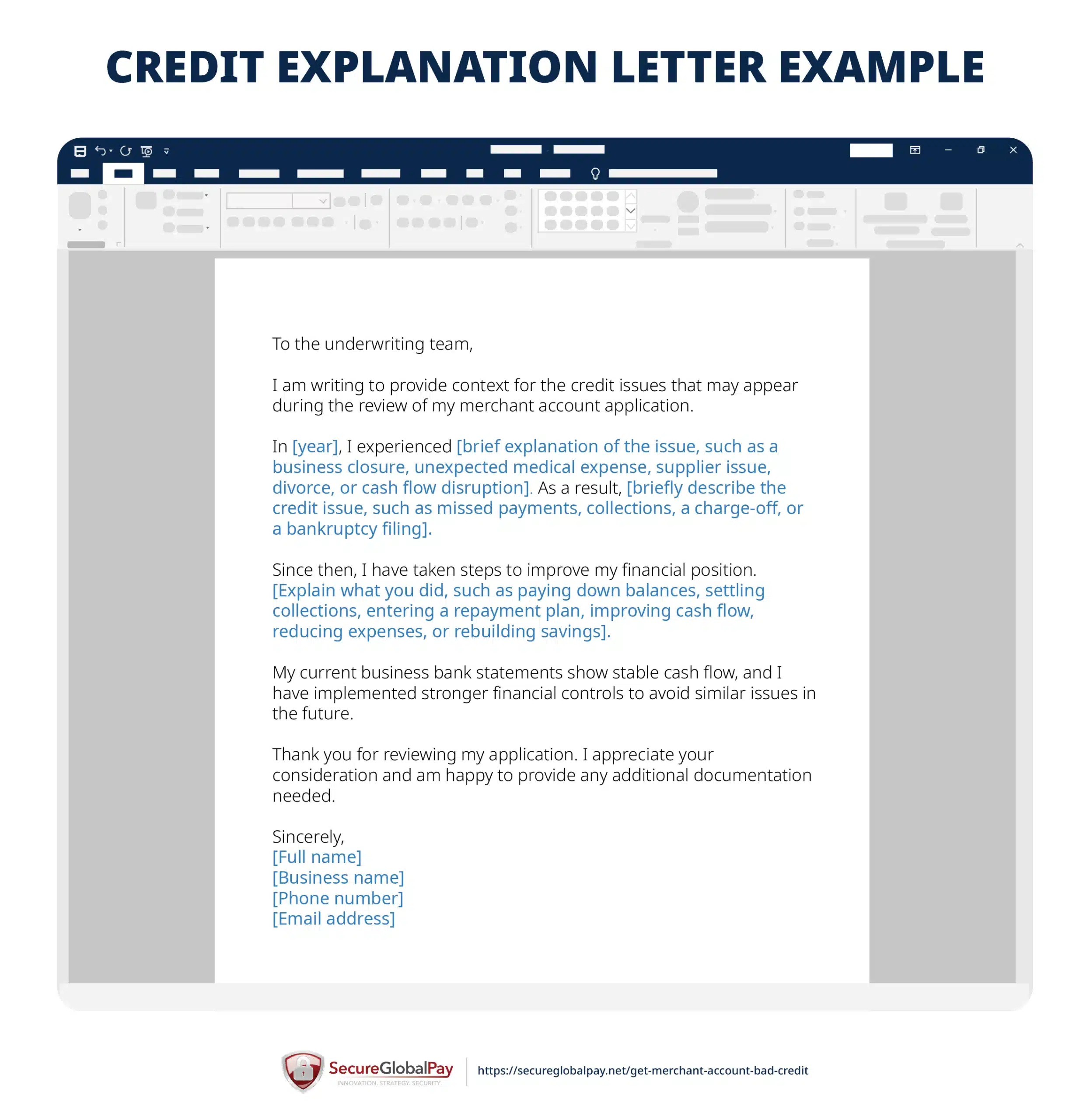 Credit explanation letter template for merchants with bad credit who are applying for a new merchant account.