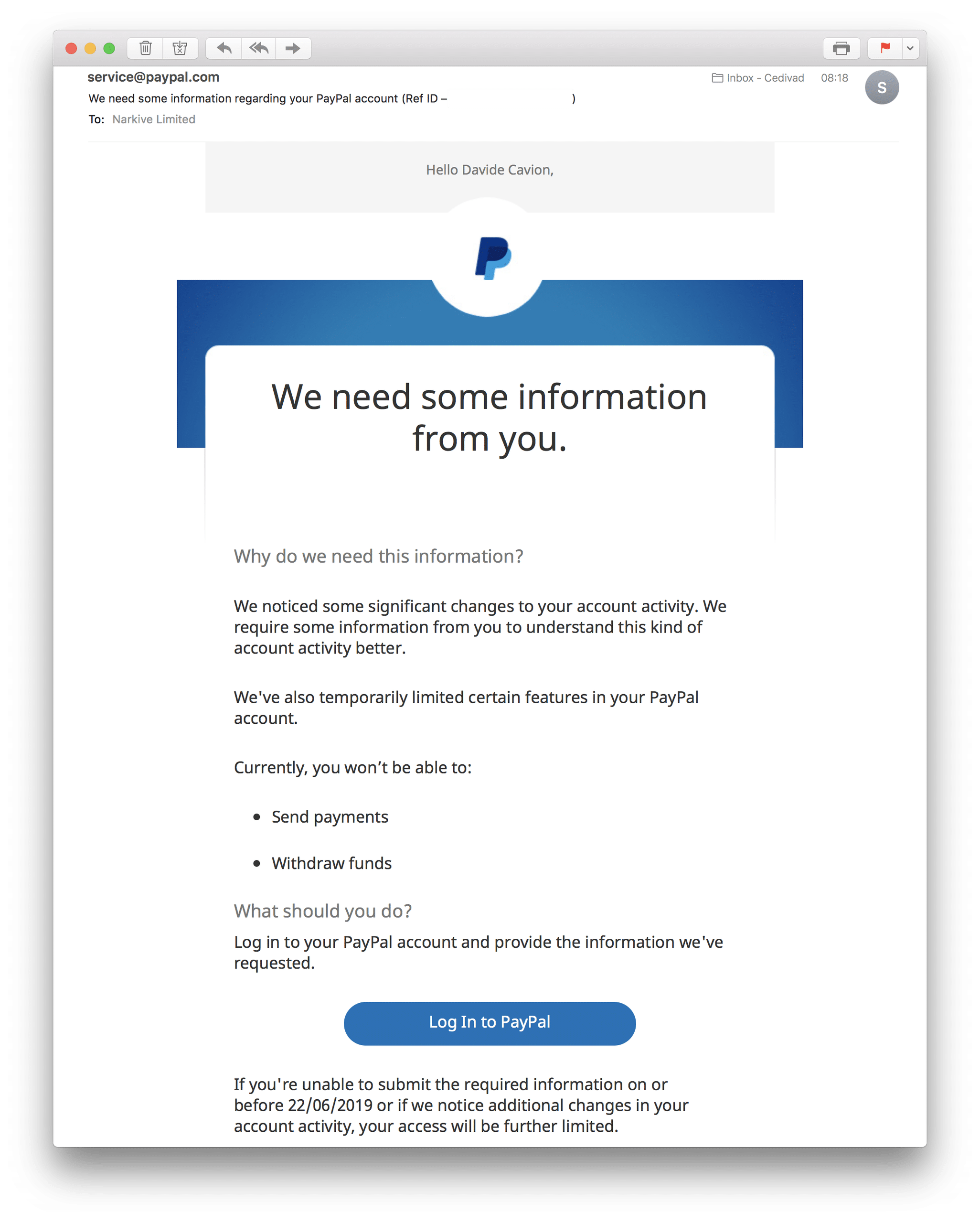 An example of an email notification from PayPal.
