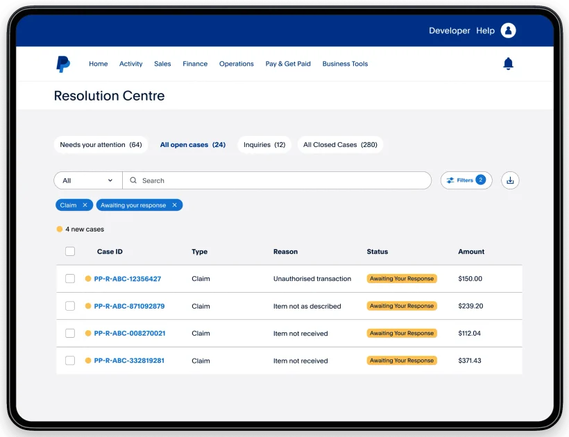 A screenshot of a PayPal Resolution Centre on a tablet.