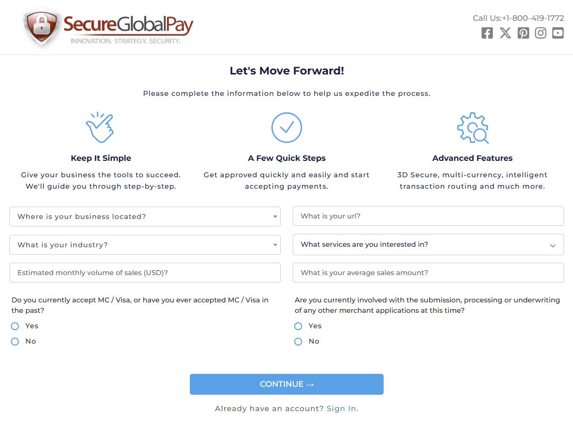 The first steps of an online merchant application form from SecureGlobalPay.