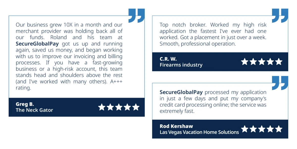 Three testimonials from SecureGlobalPay clients.