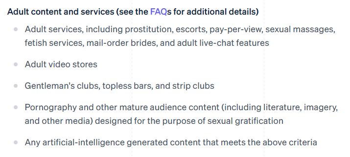An excerpt from Stripe's page that lists restricted businesses.