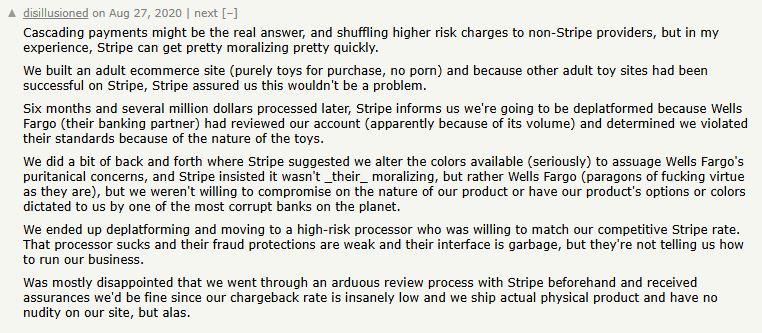 A screenshot from a forum thread where a merchant selling adult toys account how they had to switch from Stripe to a high-risk payment processor.