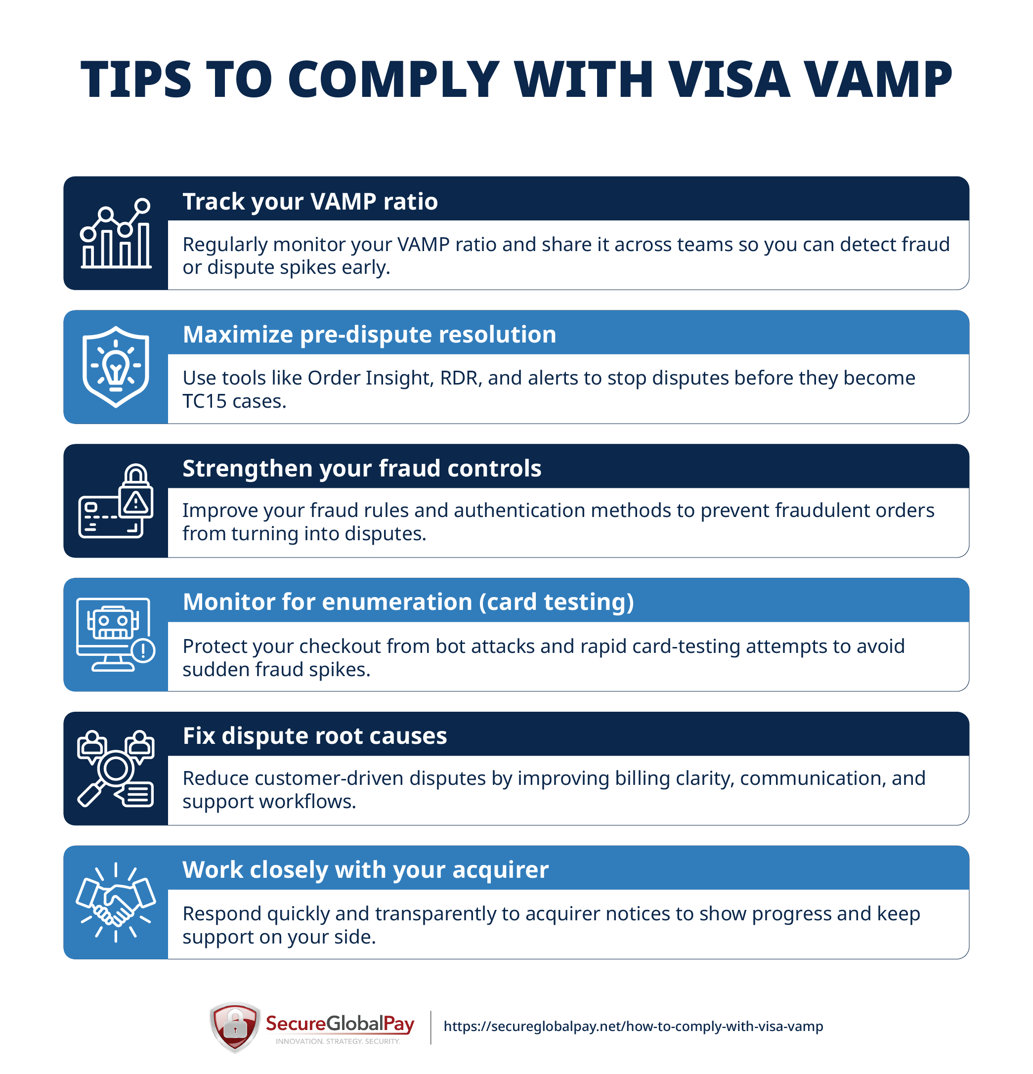 A list of best practices that outline how to comply with Visa VAMP.